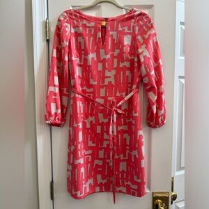 Tahari Pink and White Geometric Long Sleeve Dress